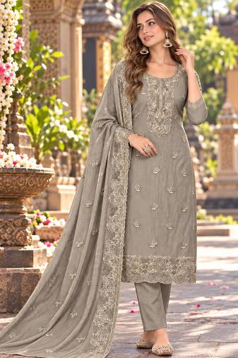Grey chiffon semi stitched suit with embroidery & sequence work