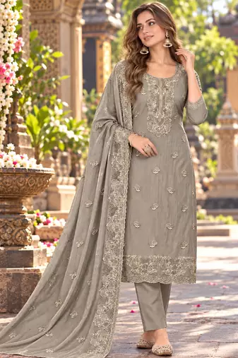 Grey chiffon semi stitched suit with embroidery & sequence work