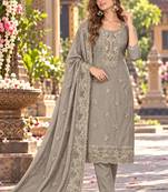 Grey chiffon semi stitched suit with embroidery & sequence work