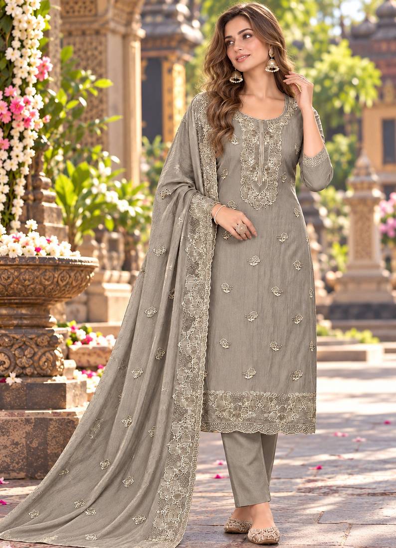 Grey chiffon semi stitched suit with embroidery & sequence work