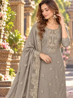 Grey chiffon semi stitched suit with embroidery & sequence work 2