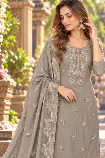 Grey chiffon semi stitched suit with embroidery & sequence work