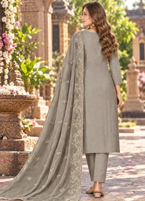 Grey chiffon semi stitched suit with embroidery & sequence work 3