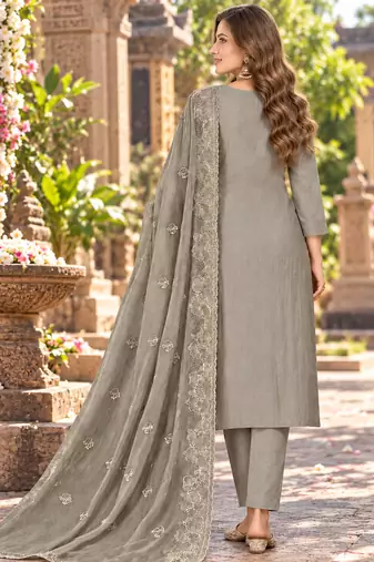 Grey chiffon semi stitched suit with embroidery & sequence work