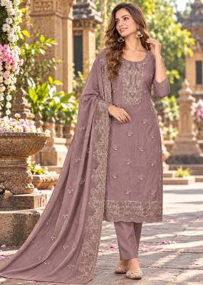 Mauve chiffon semi stitched suit with embroidery & sequence work 1