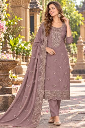Mauve chiffon semi stitched suit with embroidery & sequence work