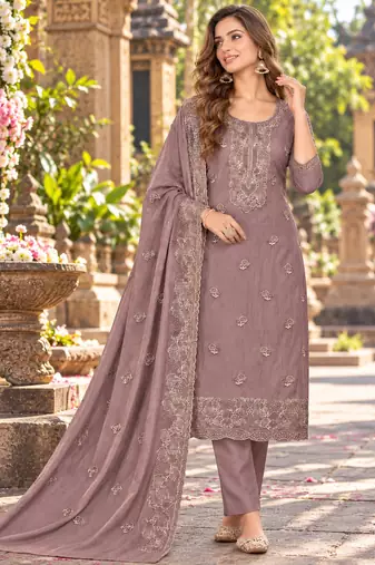 Mauve chiffon semi stitched suit with embroidery & sequence work