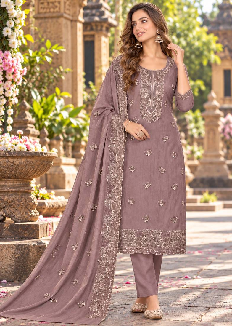 Mauve chiffon semi stitched suit with embroidery & sequence work