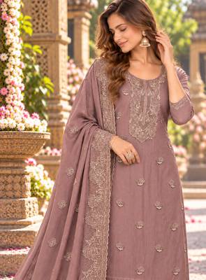 Mauve chiffon semi stitched suit with embroidery & sequence work 2