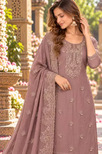 Mauve chiffon semi stitched suit with embroidery & sequence work