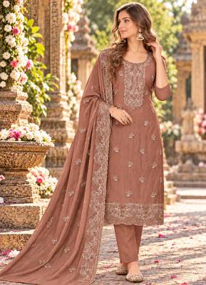 Peach chiffon semi stitched suit with embroidery & sequence work 1