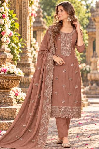 Peach chiffon semi stitched suit with embroidery & sequence work