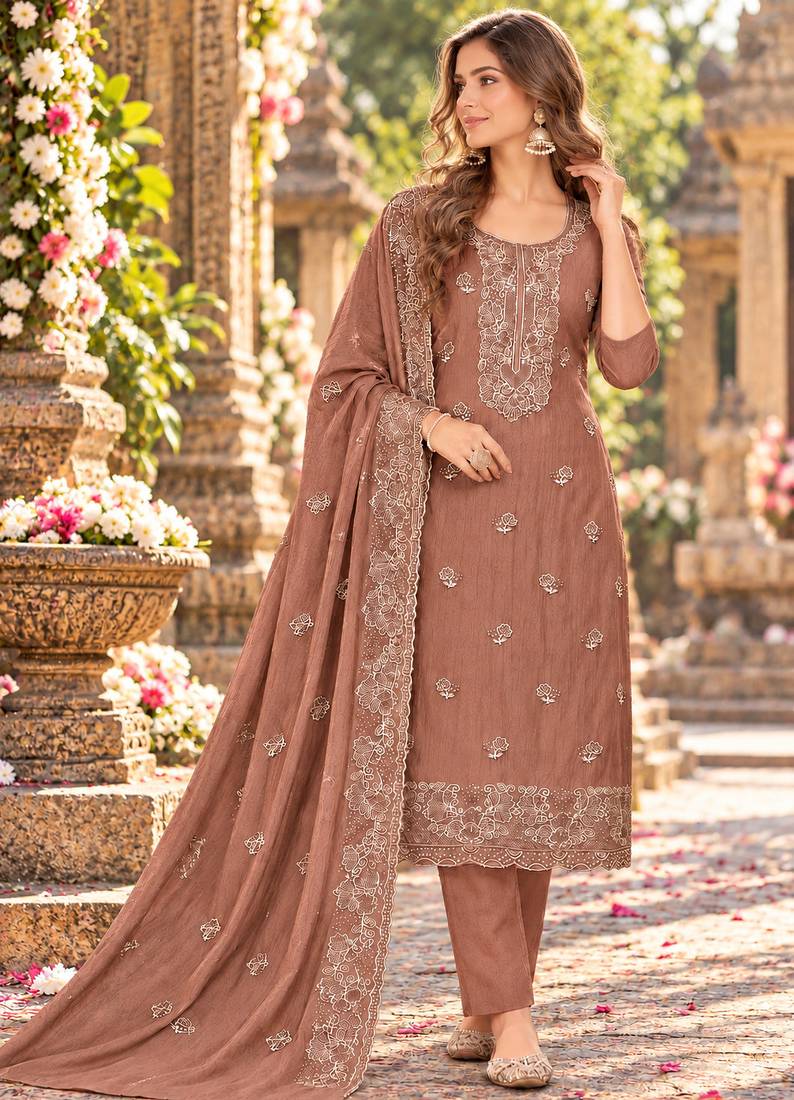 Peach chiffon semi stitched suit with embroidery & sequence work