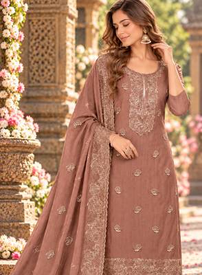 Peach chiffon semi stitched suit with embroidery & sequence work 2