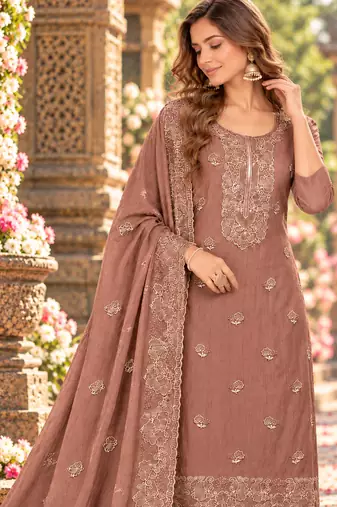 Peach chiffon semi stitched suit with embroidery & sequence work