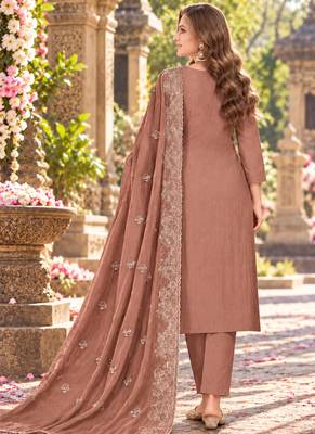 Peach chiffon semi stitched suit with embroidery & sequence work 3