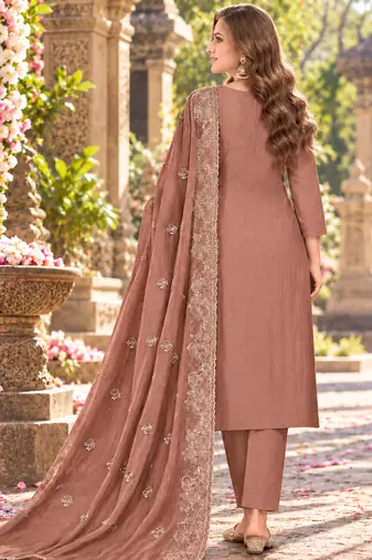 Peach chiffon semi stitched suit with embroidery & sequence work