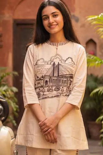 White printed cotton kurta trouser set