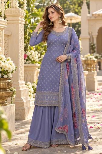 Lavender viscose semi stitched suit with embroidery & sequence work