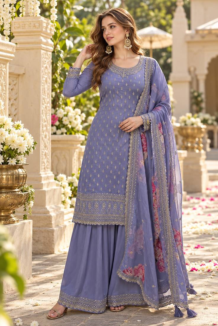 Lavender viscose semi stitched suit with embroidery & sequence work