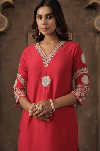 Pink embroidered silk kurta trouser set