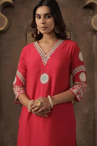 Pink embroidered silk kurta trouser set
