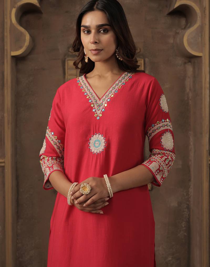 Pink embroidered silk kurta trouser set