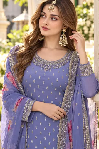Lavender viscose semi stitched suit with embroidery & sequence work