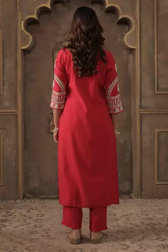 Pink embroidered silk kurta trouser set