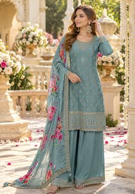Sky viscose semi stitched suit with embroidery & sequence work 1