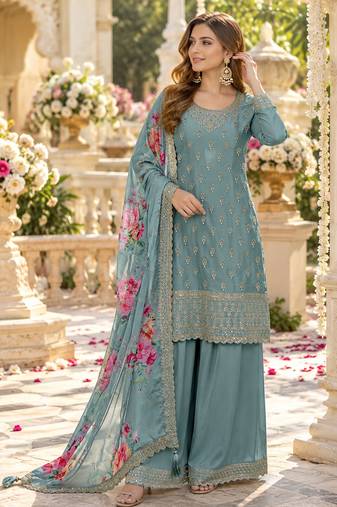 Sky viscose semi stitched suit with embroidery & sequence work