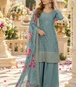 Sky viscose semi stitched suit with embroidery & sequence work