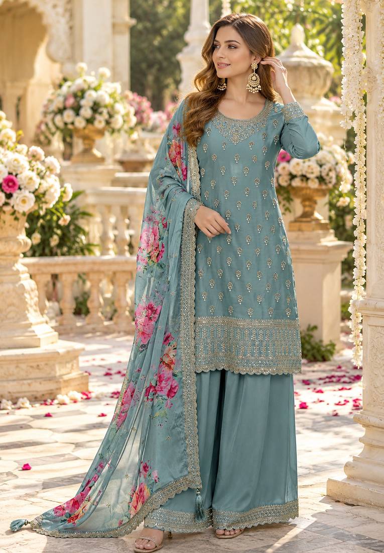 Sky viscose semi stitched suit with embroidery & sequence work