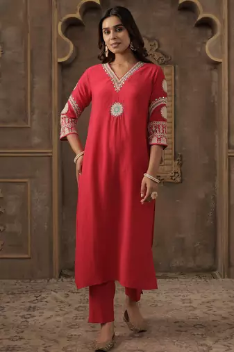 Pink embroidered silk kurta trouser set