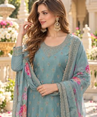Sky viscose semi stitched suit with embroidery & sequence work 2