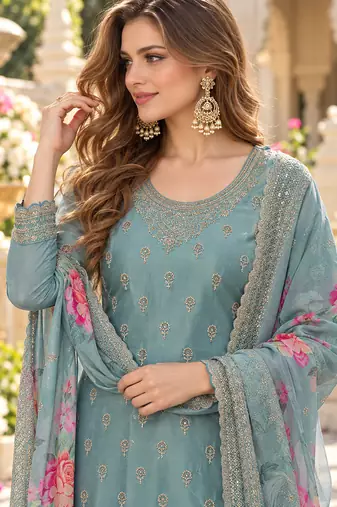 Sky viscose semi stitched suit with embroidery & sequence work