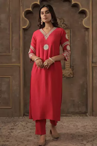 Pink embroidered silk kurta trouser set