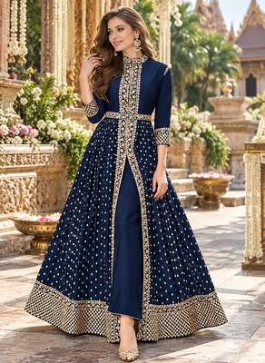 Navy georgette semi stitched suit with embroidery & stone work 1