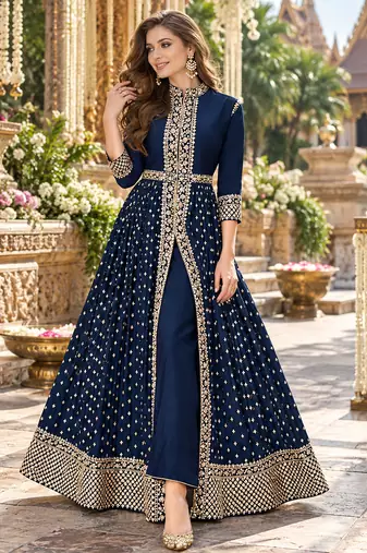 Navy georgette semi stitched suit with embroidery & stone work