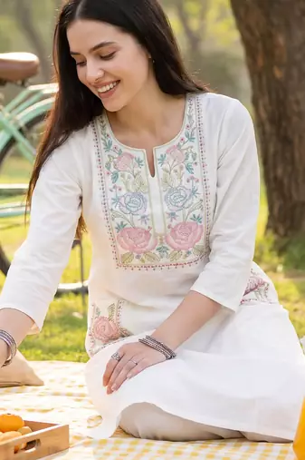 White embroidered cotton kurta trouser set