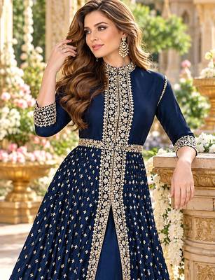 Navy georgette semi stitched suit with embroidery & stone work 2