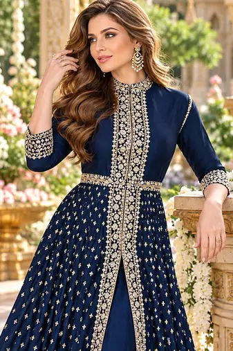 Navy georgette semi stitched suit with embroidery & stone work