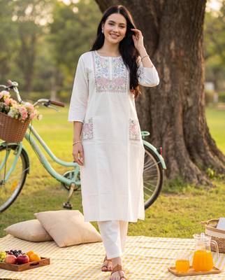 White embroidered cotton kurta trouser set 2