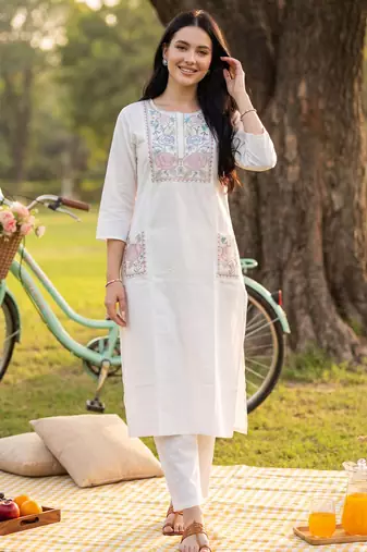 White embroidered cotton kurta trouser set