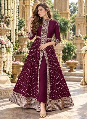 Wine georgette semi stitched suit with embroidery & stone work 1