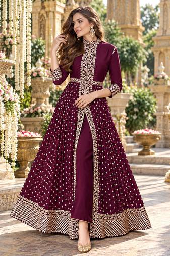 Wine georgette semi stitched suit with embroidery & stone work