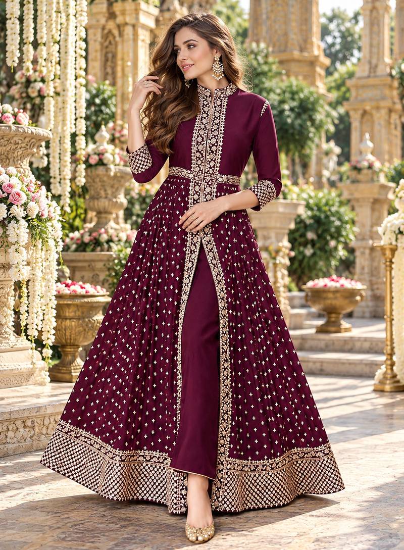 Wine georgette semi stitched suit with embroidery & stone work