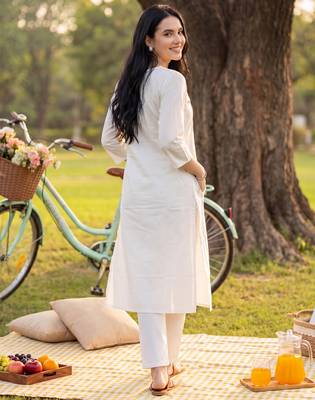 White embroidered cotton kurta trouser set 3