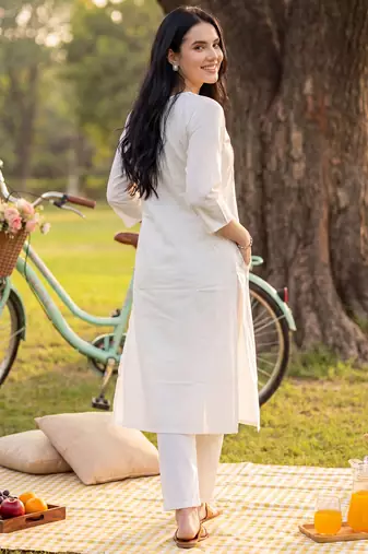 White embroidered cotton kurta trouser set