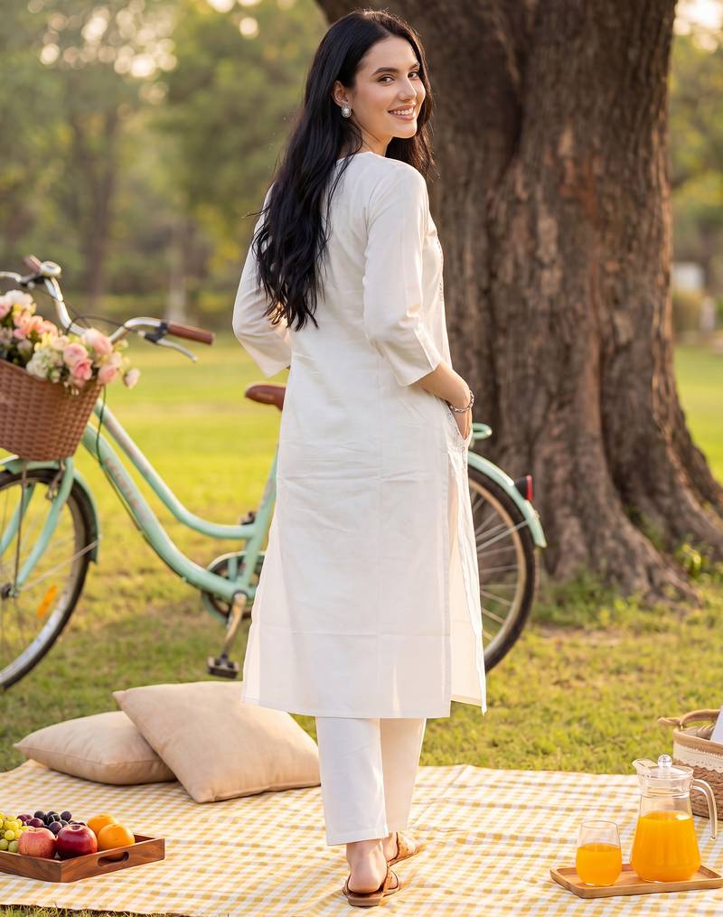 White embroidered cotton kurta trouser set